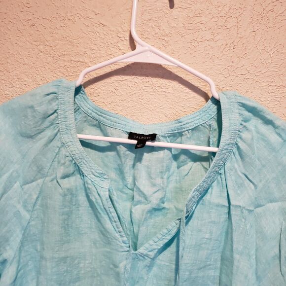 Talbots Blue Tassel Tie Neck Short Sleeve Linen Blouse Large - Picture 5 of 9